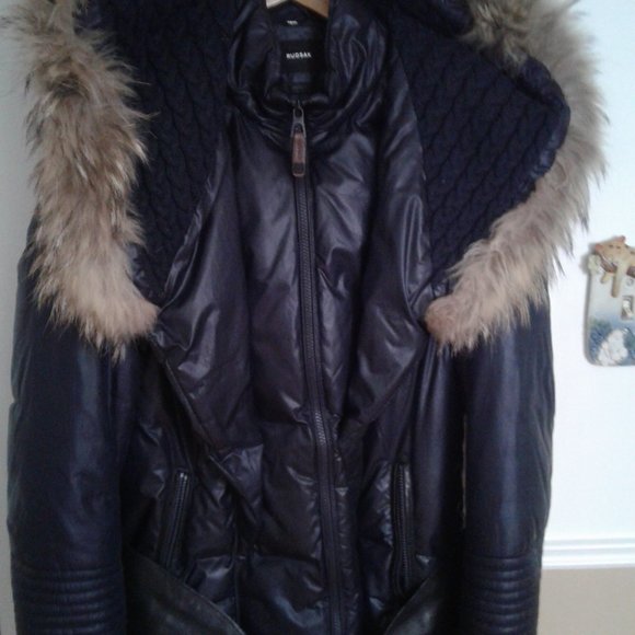 Rudsak woman winter coat size m/lg reall fur , new ,  leather belt, dark  blue - Picture 3 of 11